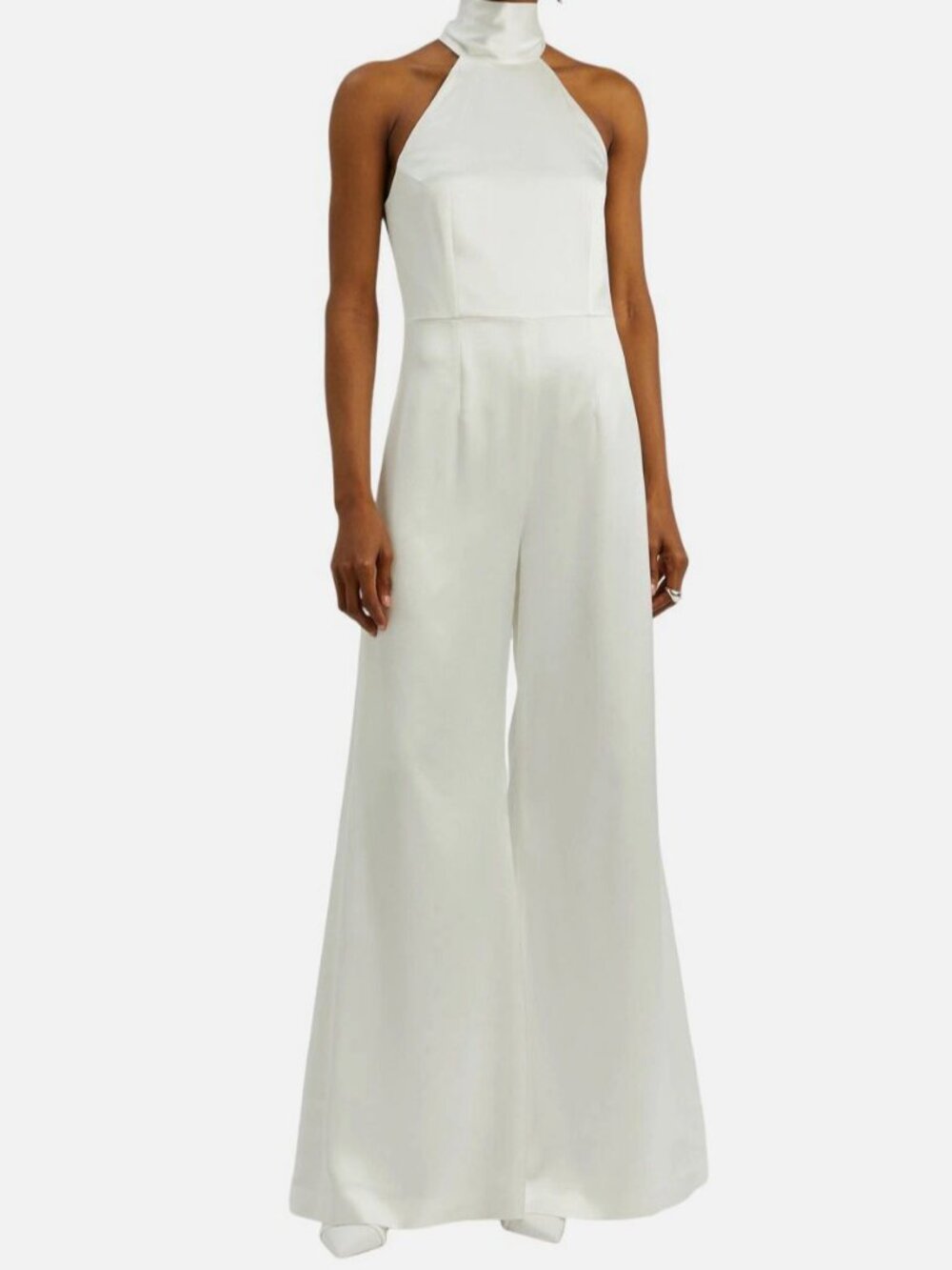 Galvan London Women's White Satin Draped Neck Wide-Leg Sienna Jumpsuit Size 2